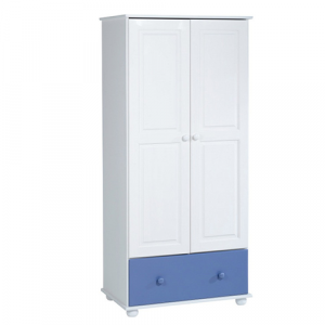 Boys Solid Pine 2 Door 1 Drawer Wardrobe Blue and White