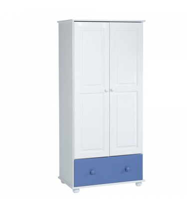 Boys Solid Pine 2 Door 1 Drawer Wardrobe Blue and White