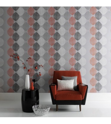Leaf Print Grey and Orange Wallpaper 5sqm